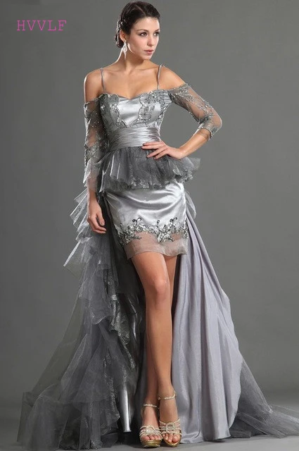 

Gray Evening Dresses 2019 Mermaid Spaghetti Straps Tulle Lace Detachable Skirt Long Evening Gown Prom Dresses Robe De Soiree