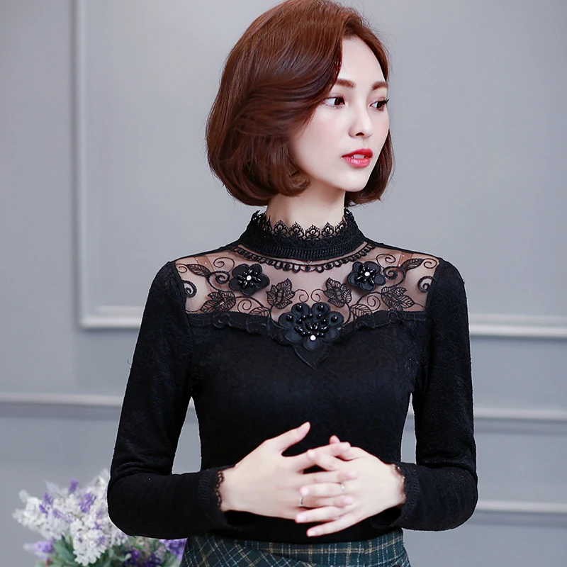 

Casual and Fashion Women Tops 2017 New Women's Lace Shirt Spring Coat Long Sleeved Turtleneck Sweater Slim Blouses Shirt 227B 30