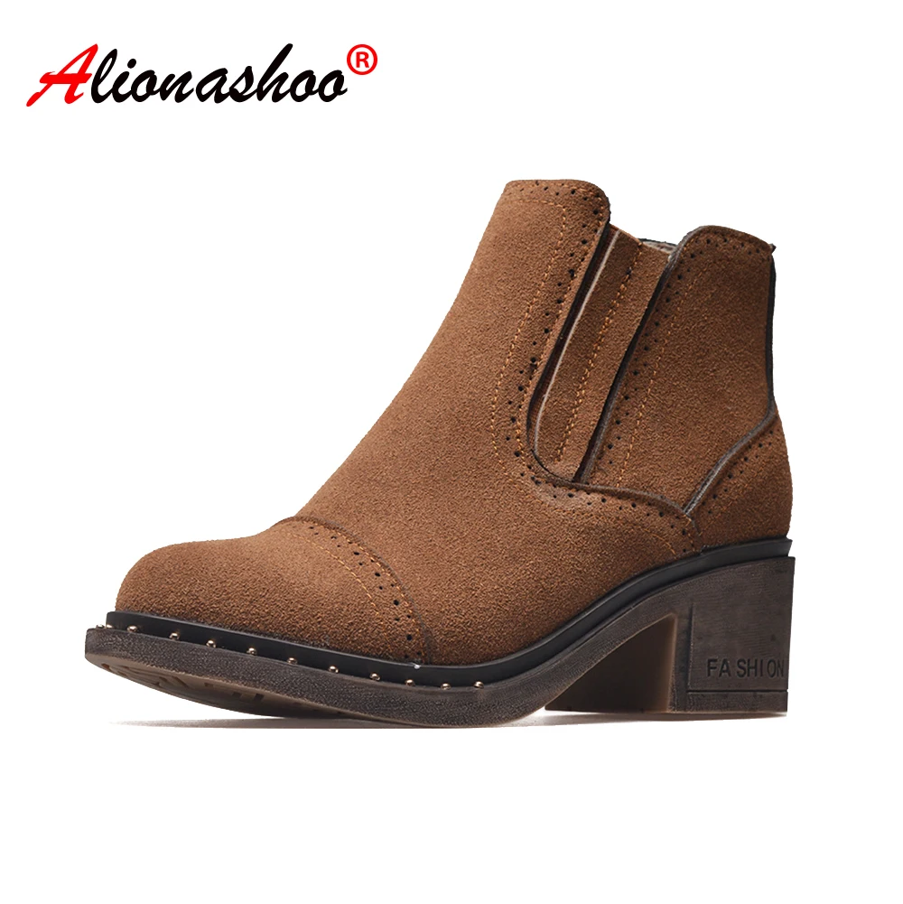 Boots Women Real Cow Suede Ankle Boots High Quality Round Toe Ladies Boots Genuine Leather Fashion Boots Large Size 34-43