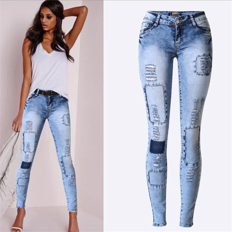 Ультра эластичные Синие рваные лоскутные джинсы женские джинсовые брюки для женщин узкие джинсы с низкой талией