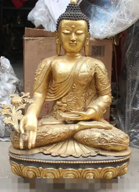 

S5182 28" Tibet Bronze Gilt Dragon Medical Menla Medicine Buddha On Lotus Statue