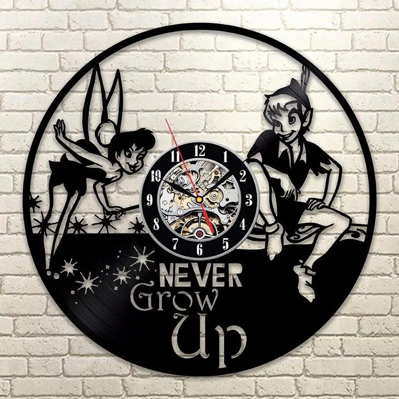 

Peter Pan&Wendy Tinkerbell Neverland Vinyl LP Record Wall Clock Cartoon CD LED Hanging Clock Vintage Kid Room Decor 3D Art