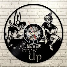 Peter Pan&Wendy Tinkerbell Neverland Vinyl LP Record Wall Clock Cartoon CD LED Hanging Clock Vintage Kid Room Decor 3D Art