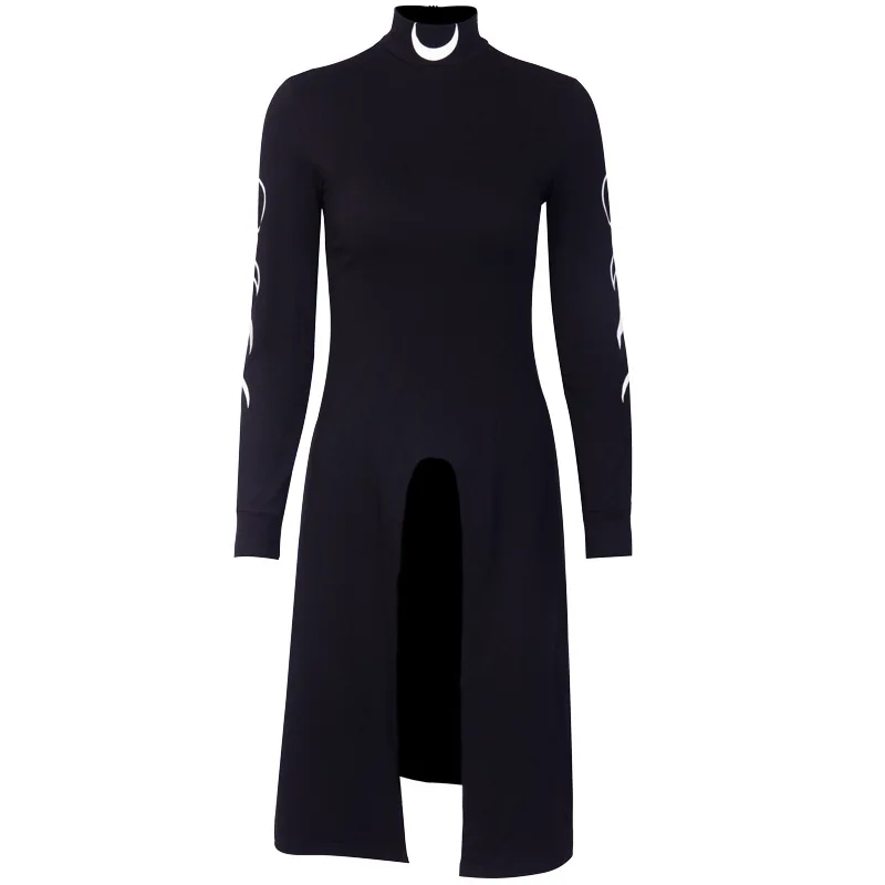 

Moon Phase Printed Dark Fashion Dress Pour V Split The Fork Design Long Sleeve Dresses 2019 Women Gothic Punk Dress