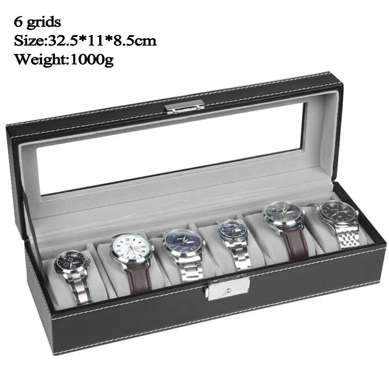 Top Sselling 6/10/12 Grids PU Leather Watch Boxes Storage Organizer Box Luxury Jewelry Display Watch Case Black Free Shipping