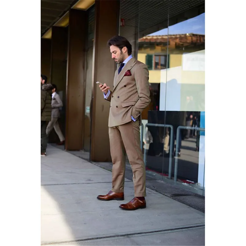 Последние конструкции пальто брюки коричневый мужской костюм Slim Fit 2 шт. смокинг Двойной Брестед Жених Для мужчин Костюмы Блейзер TERNO masculino - Цвет: as the image