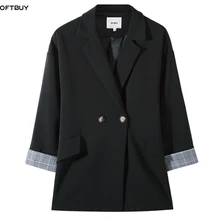 Buy OFTBUY 2019 office ladies blazer feminino elegant double breasted blazer striped patchwork long coat women blazers and jackets Free Shipping