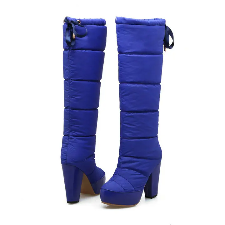 Женские теплые плюшевые сапоги до колена на толстом высоком каблуке; удобная зимняя обувь на платформе с круглым носком; цвет черный, красный, синий