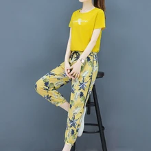 Новое поступление, корейская мода, повседневный свободный короткий рукав, принт, девять штанов, летний костюм, женские спортивные костюмы, Двухсекционный спортивный костюм