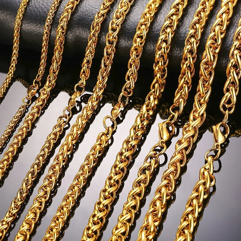 

3-7MM Wide Stainless Steel Round Hollow Wheat Spiga Franco Chain Necklace in Gold Tone Male Jewelry 24 Inch