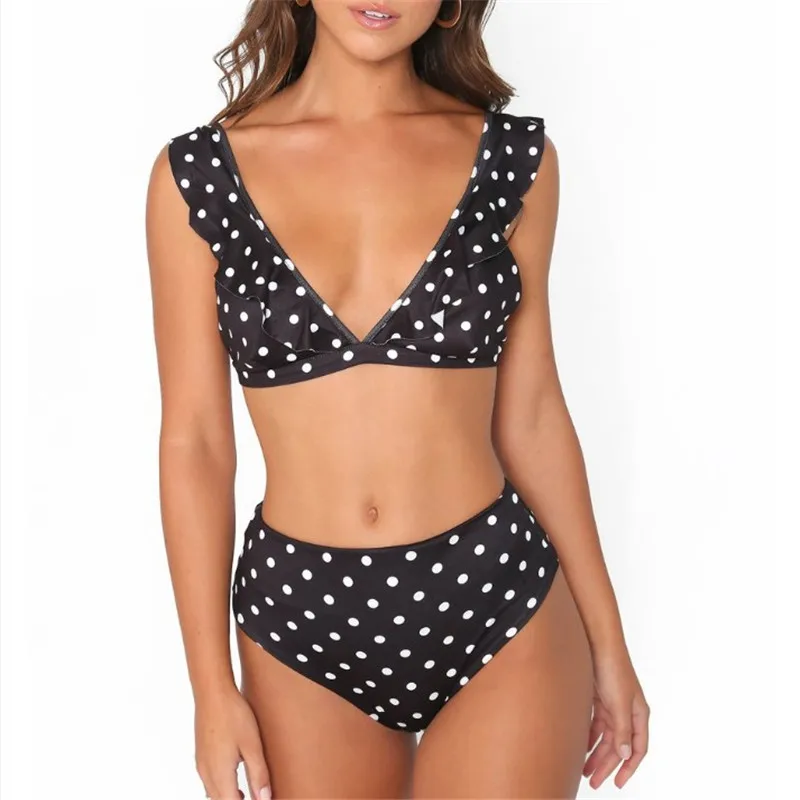

Nature Armour 2018 women's new sexy bikini swimsuit black and white dot print swimwear high waist large size lotus leaf swimsuit