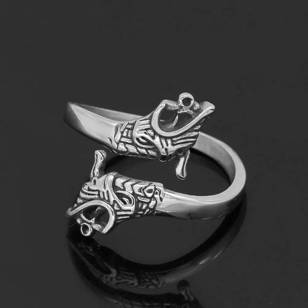 Nordic Viking amulet drgon dreki Scandinavian Jormungand adjustable size rings stainless steel with valknut rune gift bag