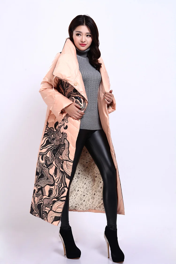 Зимняя женская куртка, модное женское длинное приталенное пальто на утином пуху с принтом, элегантное теплое пальто в европейском стиле