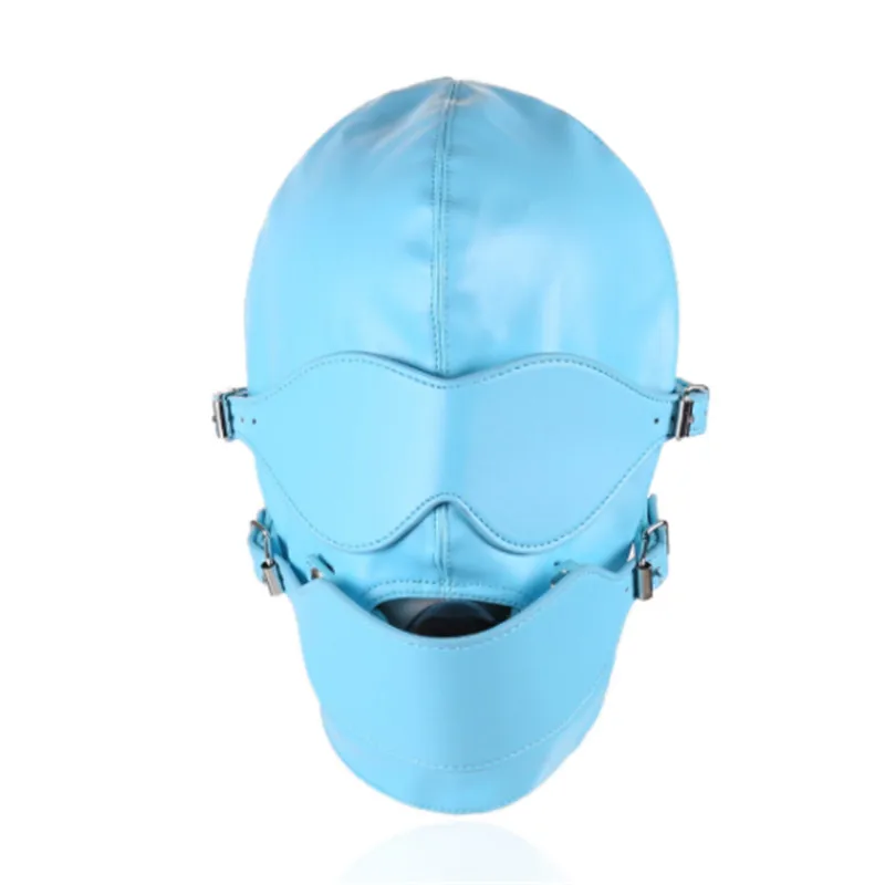 

Pu Blue color Removable Leather Bondage full cover head Mask Bland Eyes Masks Costumes Accessory Sexy Fetish Hood