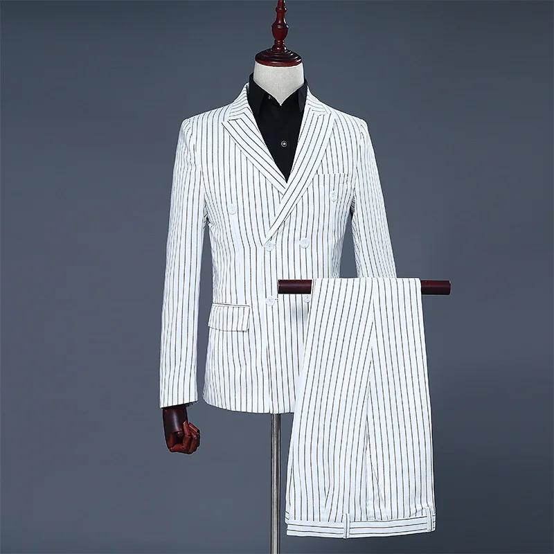 Men's White and Black Stripe Groom Dresses Performing Suits Double Breasted Smart Casual Men Suit Slim Fit White Regular Blazers