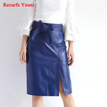 RYS7342, новинка, зимняя, OL, элегантная, с бантом, натуральная кожа, юбка для женщин, 65 см, до колена, черная/синяя, с разрезом, Faldas Mujer, большой размер