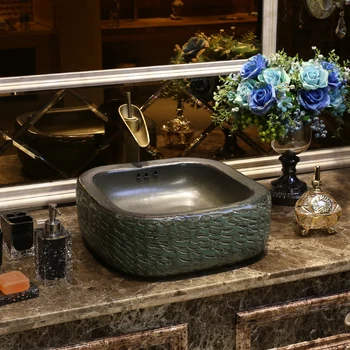 

Square Colorful China Artistic Handmade porcelain Round bathroom counter top ceramic Bathroom basin sink decorative wash basin