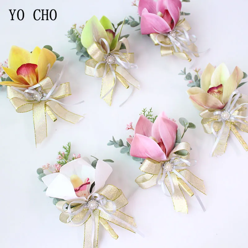 

YO CHO Groom Men Boutonniere White Magnolia Brooch Plant Corsage and Diamond Pearl Bride Wrist Flowers Wedding Decor Silk Flower