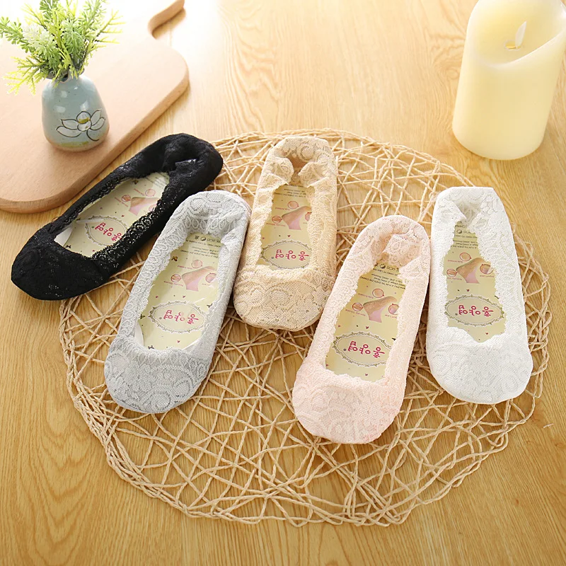 

5 Pairs/lot Lace Boat Socks Invisible Cotton Sole Non-slip Antiskid Slippers Anti-Slip Sokken Ankle Boat Low Cut Short Socks