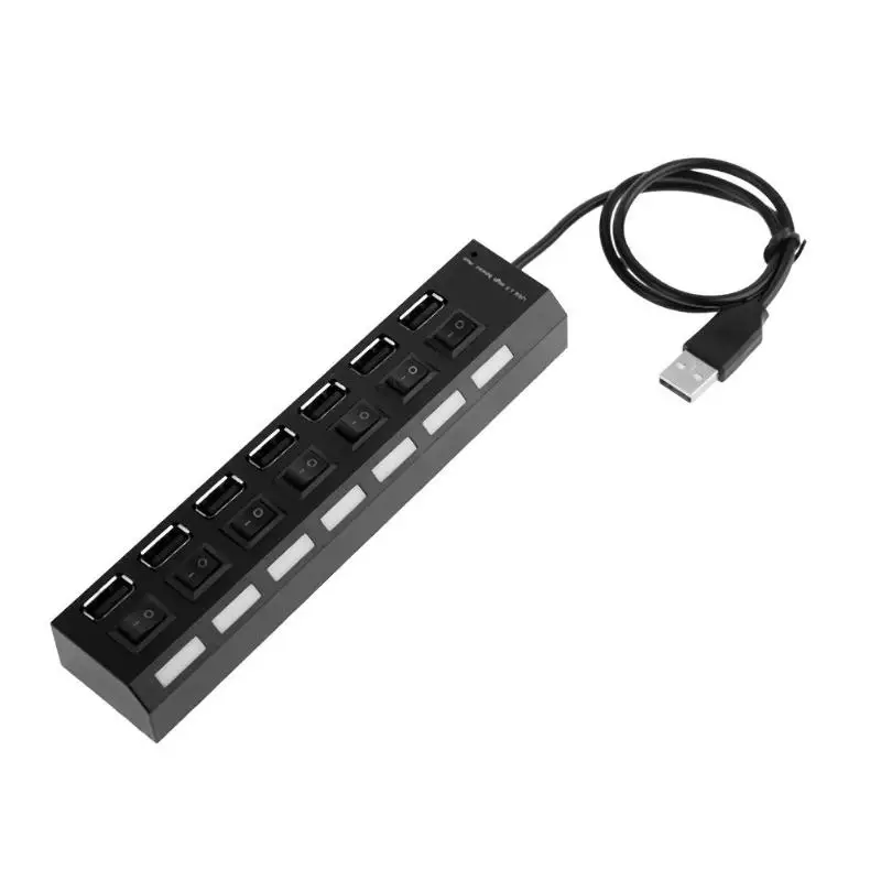 Черный Высокоскоростной usb-адаптер с 7 портами с переключателем вкл/выкл, usb-разветвитель для ПК, компьютера, ноутбука, Синий светодиодный - Цвет: Черный