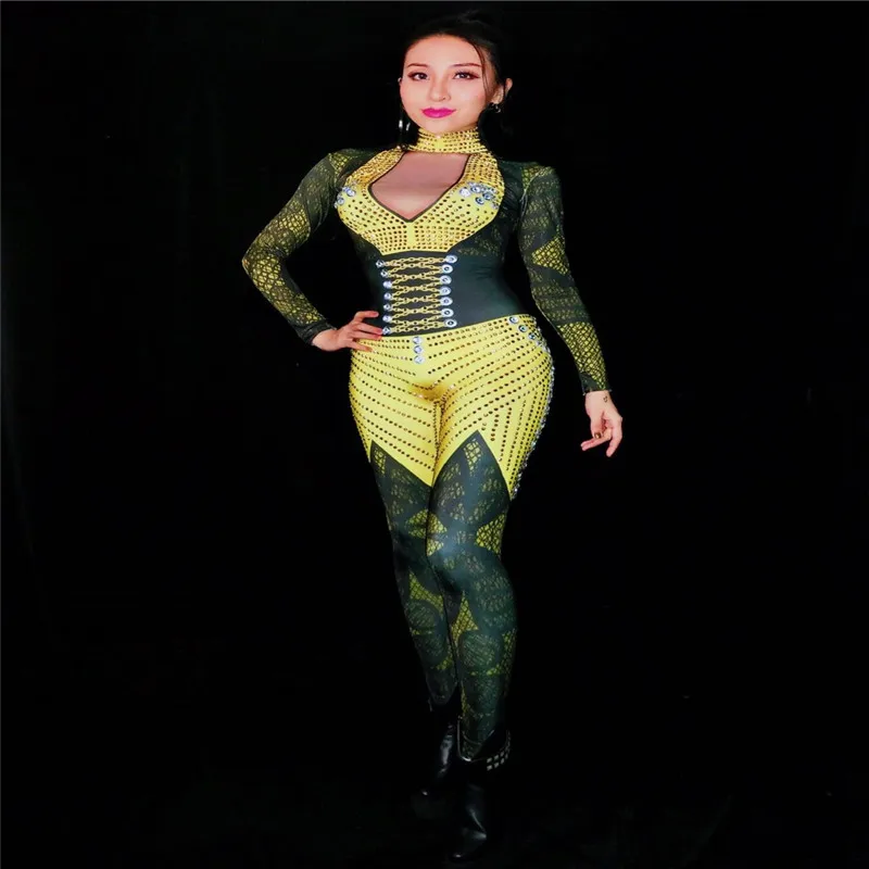 

S84 Singer ballroom Costume Yellow Crystal Diamond Jumpsuit Female Stage show wears dress Pole dance bodysuit Sexy Stretch Leot
