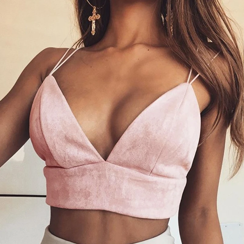 

Summer Women Lady Pink Tops Vest Sexy Camisoles Bralette Crop Top Strappy Camisole Deep V Neck Fashion New Solid Polyester