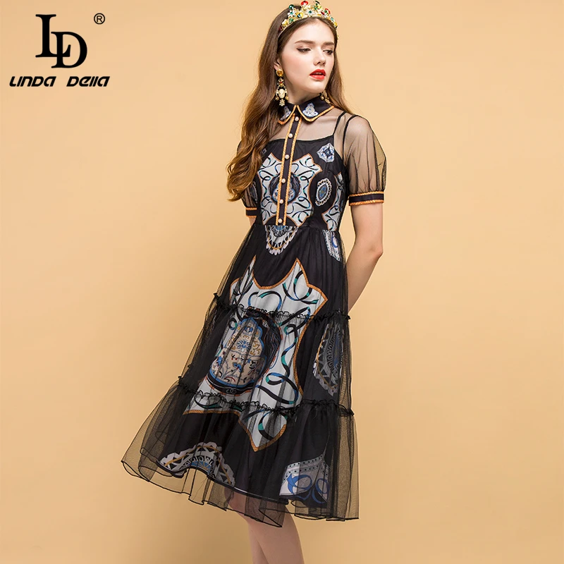LD LINDA Делла, модное подиумное летнее винтажное платье, женское, короткий рукав, сетка, наложение, принт, элегантное, для девушек, миди, Платья для вечеринок