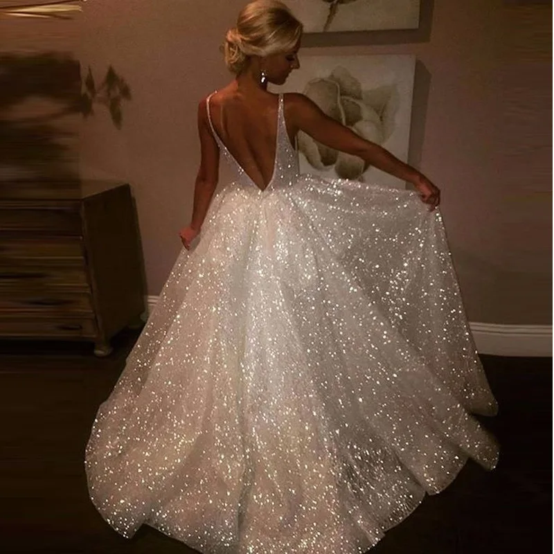 

Star with Sequins White Woman Dress 2019 Spring Summer Sexy Ball Gown Boho Maxi Dresses V Neck Backless Sleeveless Vestido
