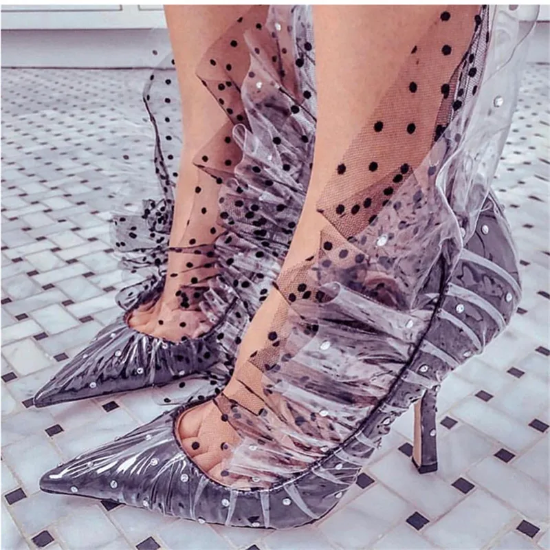 Jady/пикантные женские туфли-лодочки с острым носком; свадебные модельные туфли в горошек; женские туфли-гладиаторы с оборками на высоком каблуке 8 см; обувь на День Валентина на шпильке