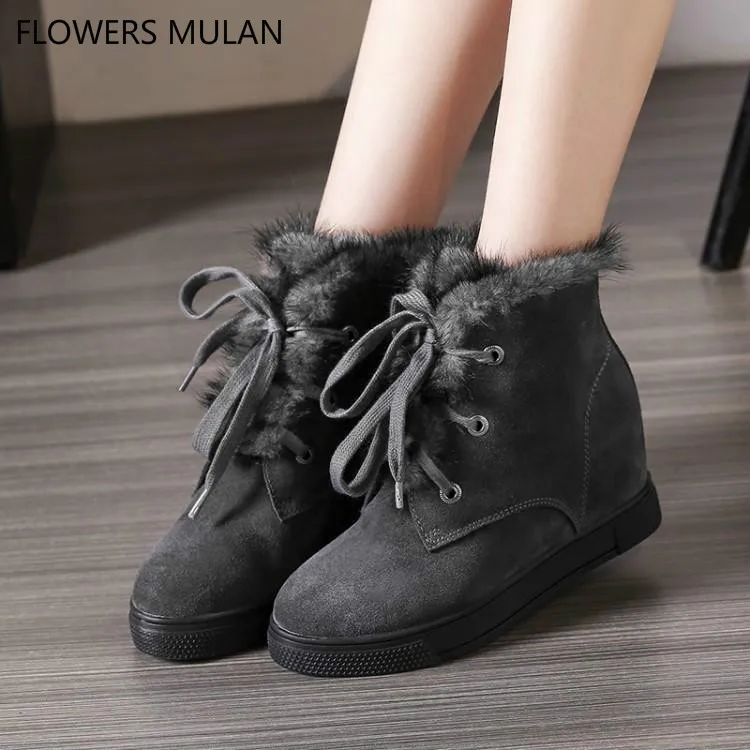 Black Grey Suede Snow Boots For Girl Round Toe Middle Height Increasing Ladies Booties Winter Shoes Woman Lace Up Sneakers Botas