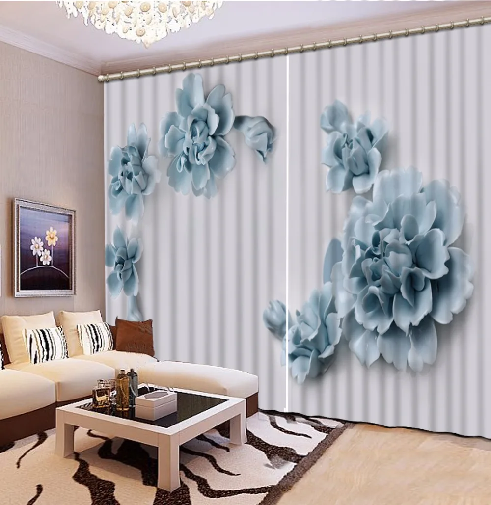 New Custom 3D Beautiful Printed Curtain Jade Carving Blue Flower