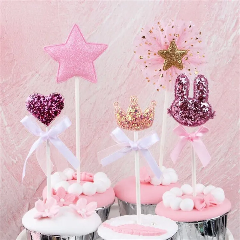 5 шт./партия, Розовая звезда, сердце, корона, кролик, Топпер для торта на день рождения, украшение для кекса, детский подарок на день рождения, вечеринку, свадьбу