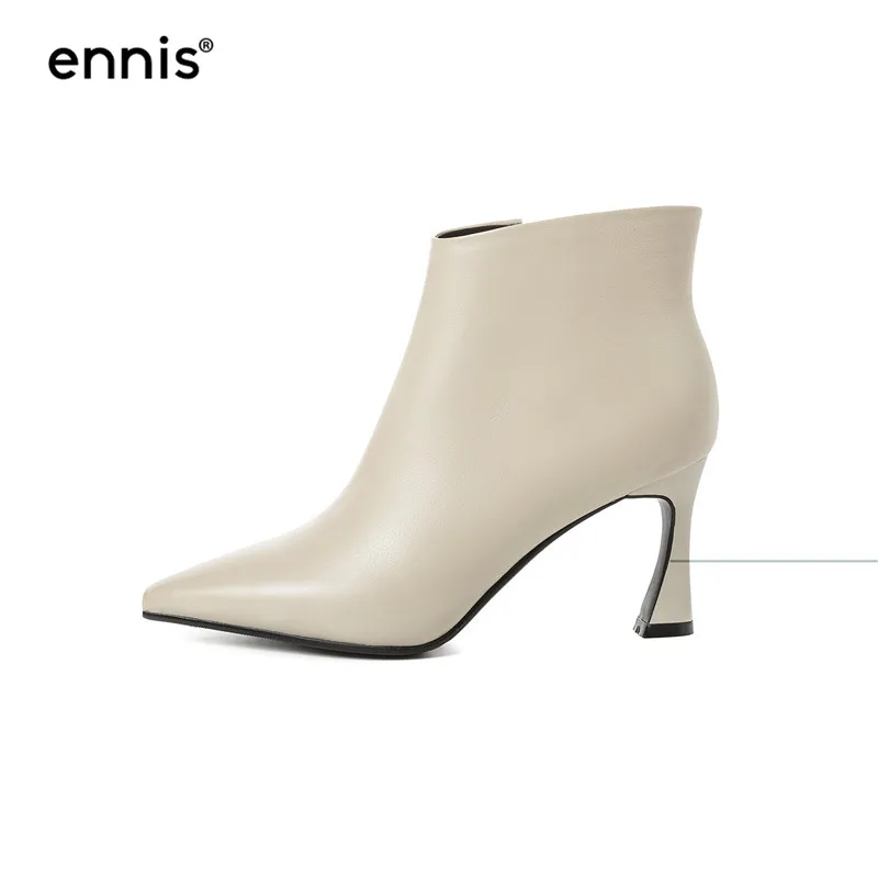 ENNIS/; Модные ботильоны; женские ботинки из натуральной кожи; туфли-лодочки с острым носком на высоком каблуке; женская обувь; сезон осень; офисные туфли на каблуке; Новинка; A959 - Цвет: Beige