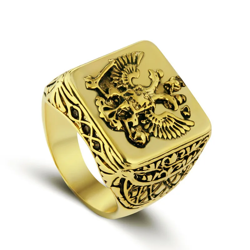 FDLK  Fashion Men's Signet Ring Russian Empire Double Eagle Rings For Male Punk Gold Color Arms Of The Russian Big Ring