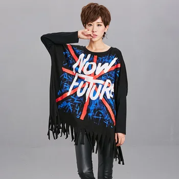 

2018 Spring Autumn Women's Fashion Beading Cross Stitching Tassel Long Sleeve T Shirt Tops Ladies Personality Long T Shirt Tees