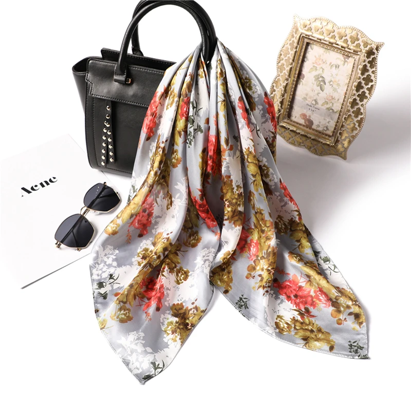 

2019 Women Square Silk Scarf Foulard Lady Hair Neck Scarfs Shawl Floral Printing High Quality Scarves Hijab