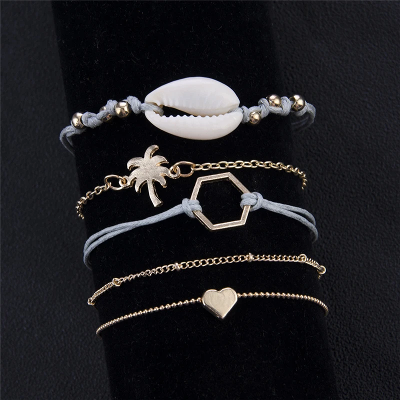 5 шт./компл. Boho Винтаж золота Sea Shell Браслеты кокосовой пальмы сердце шестиугольная Женский шарм Браслеты для Для женщин ювелирные подарки