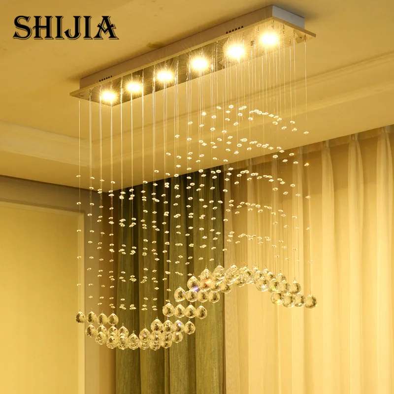

Modern Wave K9 Crystal Chandelier for Dining Room LED Crystal Ball S Shade Hanging Fixture Rain Drop Remote Lighting Lamp