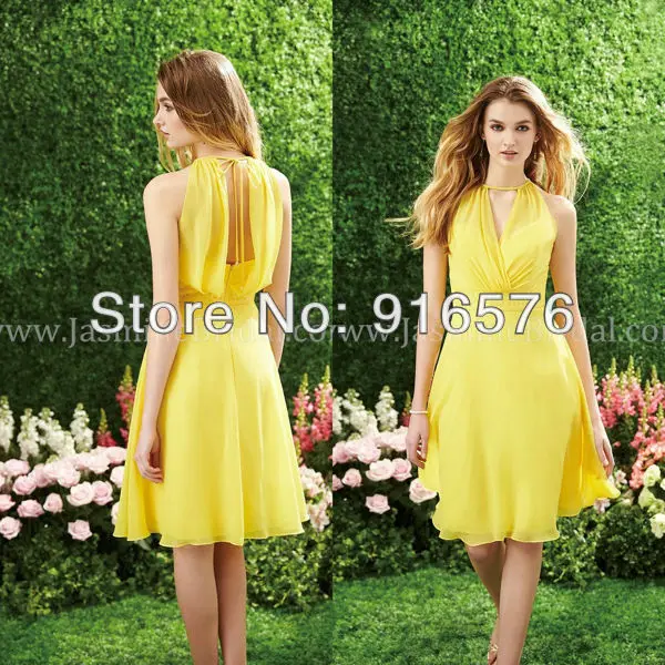 Halter Gown Yellow Chiffon Knee Length ...