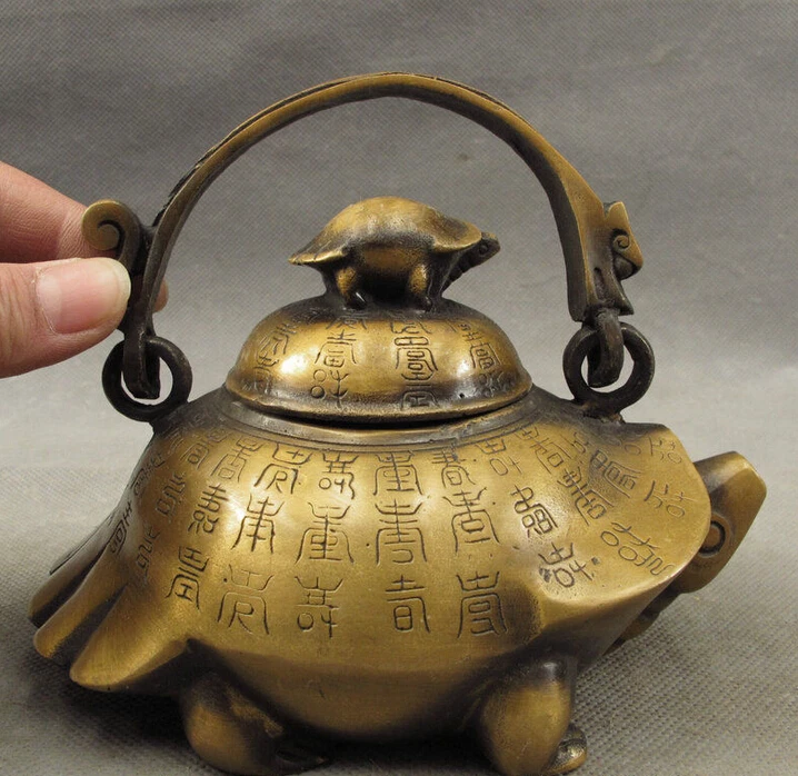 

China Bronze Old HanZi Shou Longevity Sea Turtle Tortoise Statue Wine Pot Teapot