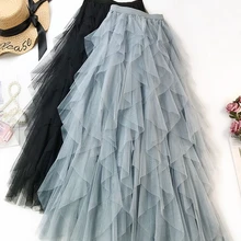 Тюлевая юбка Женская эластичная Асимметричная сетчатая юбка-пачка со складками миди Saias Faldas Jupe Femme элегантные вечерние многослойные юбки