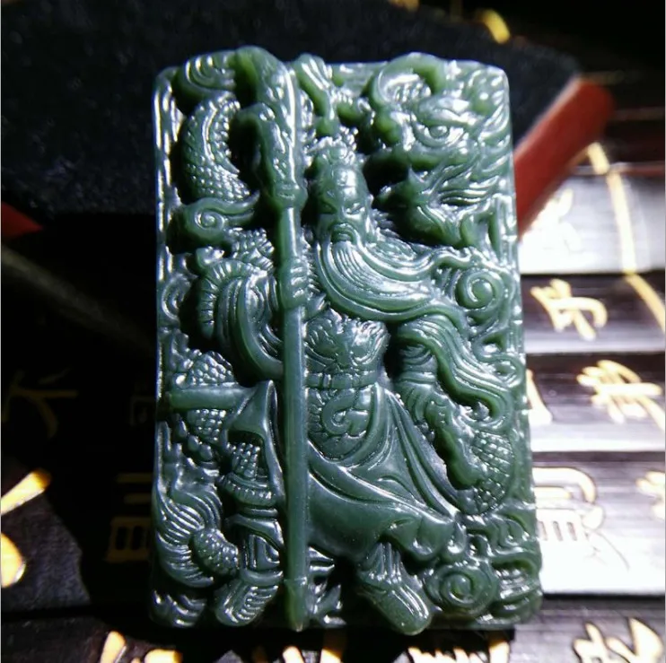 

Natural carved hetian jade QINGYU QINGYU GUANGONG pendant luck amulet green pendant with necklace