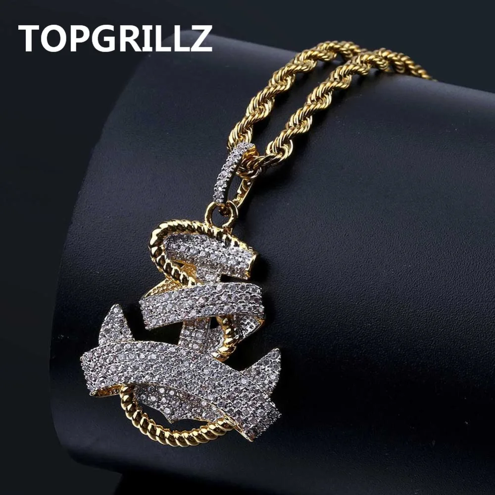 

TOPGRILLZ Men's Necklace Gold Color Plated Iced Out Micro Pave Cubic Zircon Anchor Pendant & Necklace Bling Hip Hop Jewelry