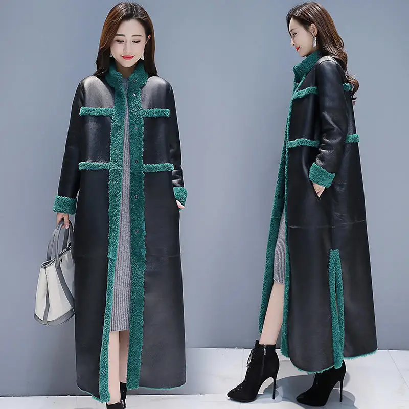 Зимнее меховое пальто для женщин из овечьей кожи, длинная куртка, пальто для женщин, элегантные теплые толстые кожаные женские зимние пальто большого размера, Q1692 - Цвет: Black