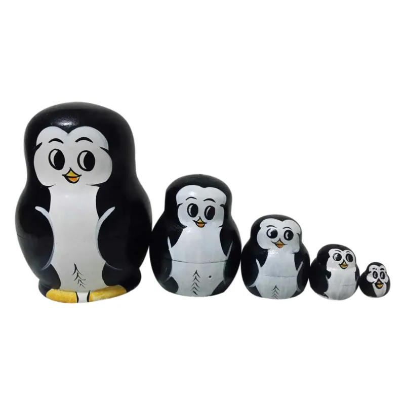

5pcs Collectable Beautiful Penguin Russian Doll Sets Wooden Toy Gift Wishing Dolls Handmade Sale High Quality