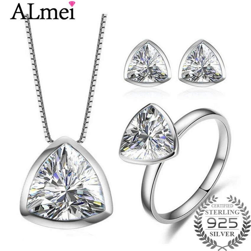 

Almei Romantic Triangel Crystal Ring Earrings Necklace Set 925 Sterling Silver Jewelry Set for Women Wedding with Box 40% LT001