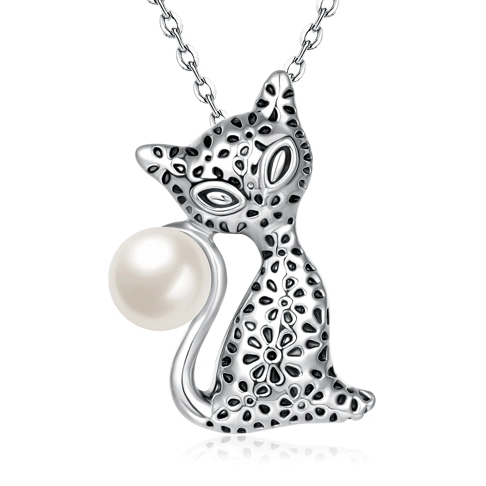 AKN081 2016 New Fashion White Gold Color Simulated Pearl Cat Pendant