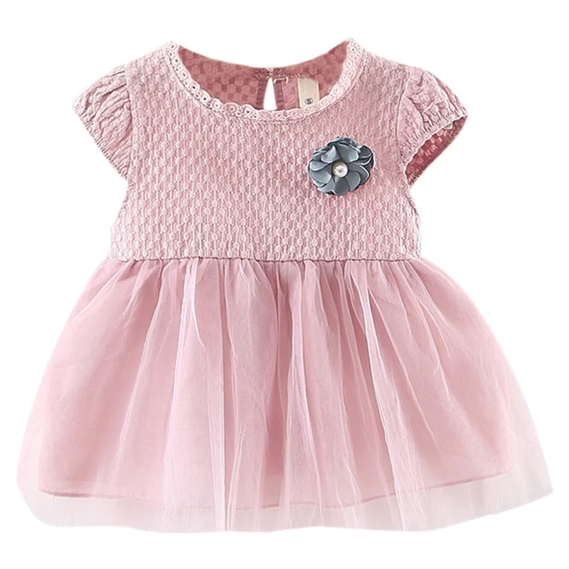 

Round Collar Cotton Lovely Baby Girl Sweet Cute Dress All-match Solid Color Flower Decor Round Collar Short Sleeve Mesh Dress