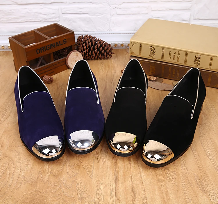 Brand Men Black Suede Loafers Casual Slip On Men's Flat Shoes Iron Toe Flats Wedding Dress Shoes