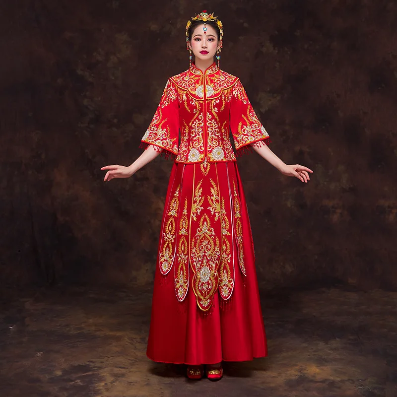 

2019 Fashion Red Cheongsam Long Qipao Wedding Dress Chinese Traditional Dresses China Clothing Store Summer Women Sexy Flowers